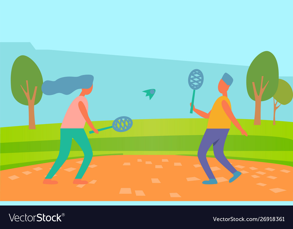 Man and woman playing badminton outdoors summer Vector Image