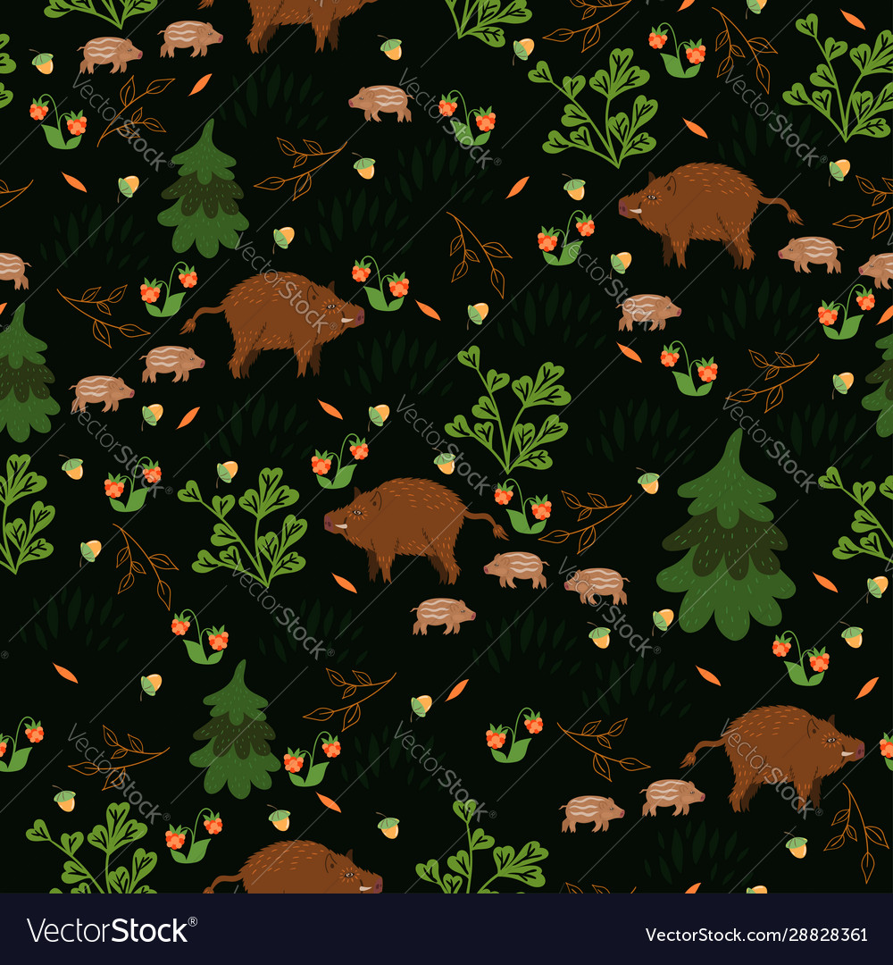 Seamless pattern with wild boars in forest