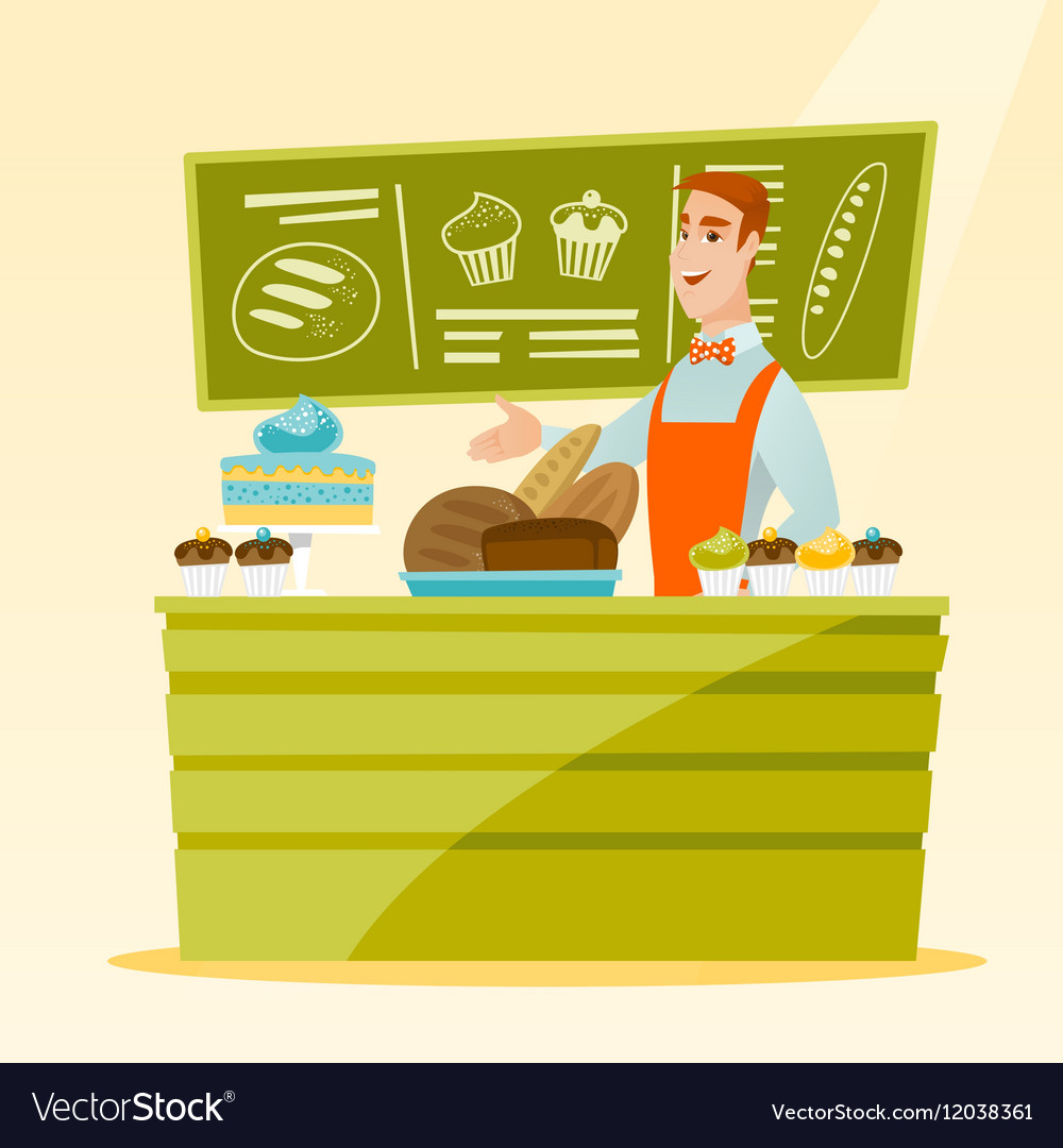 Worker standing behind the counter at bakery