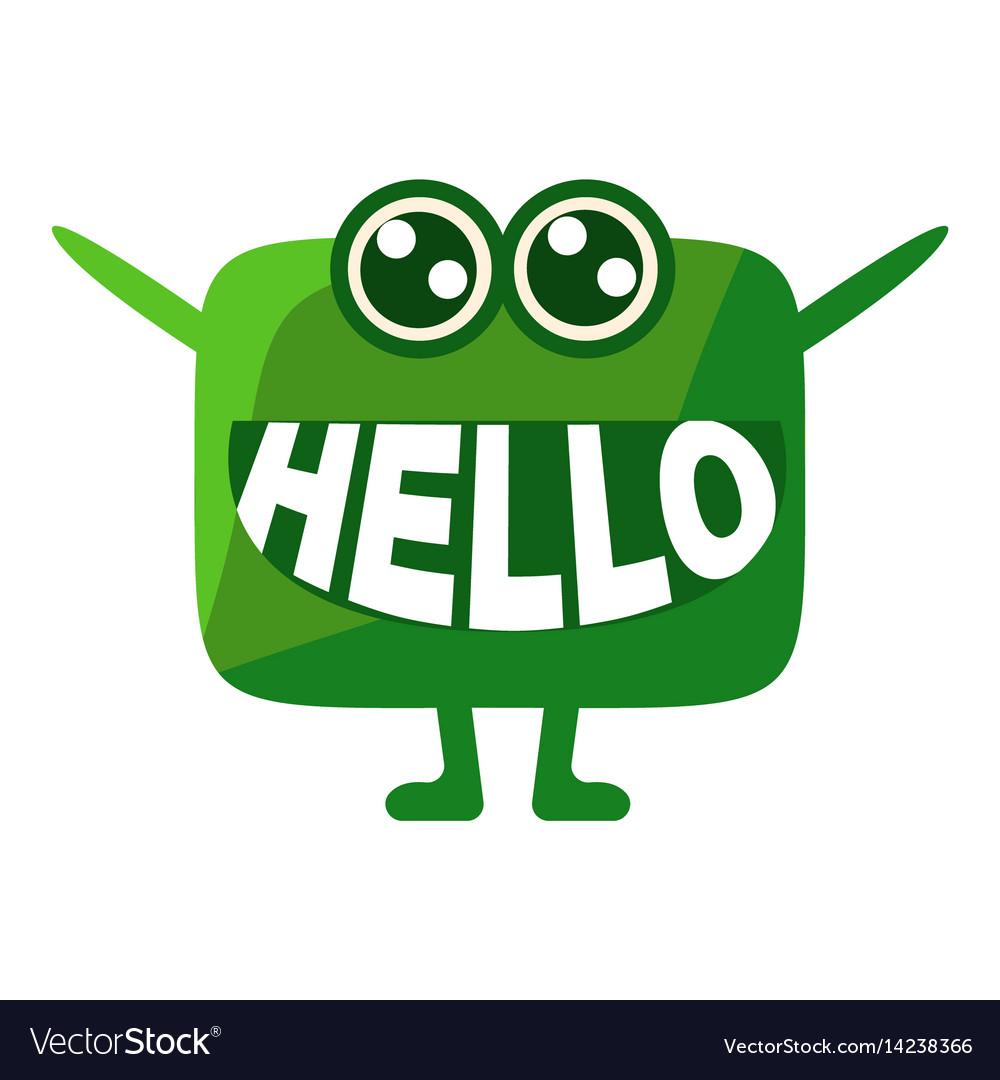 Green blob saying hello cute emoji character Vector Image