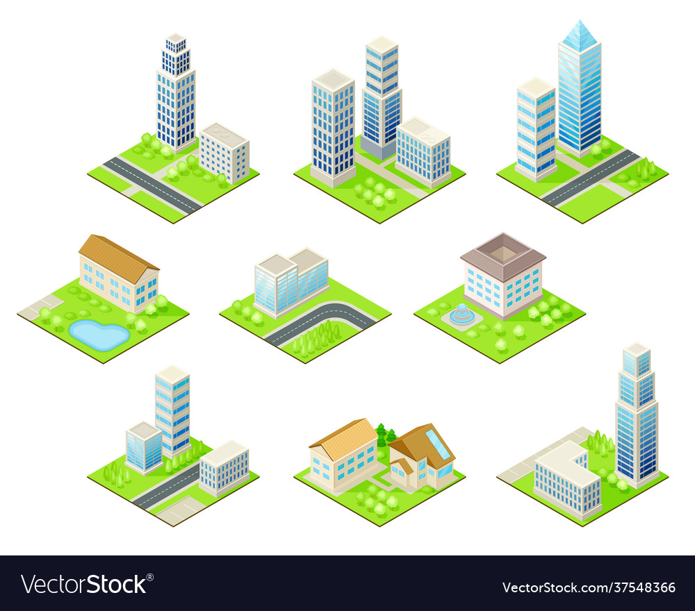 Isometric cityscape with skyscraper and suburban