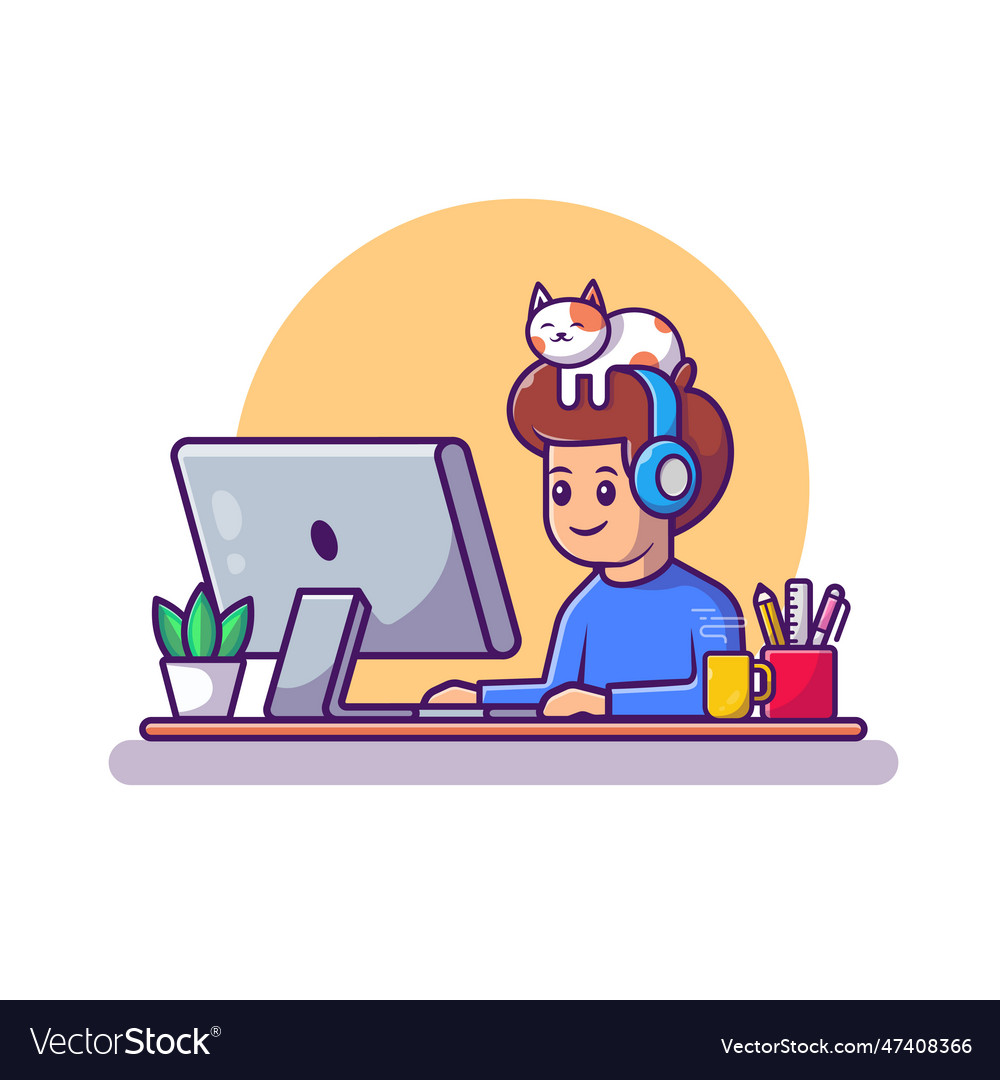 Male working on computer with cat cartoon Vector Image
