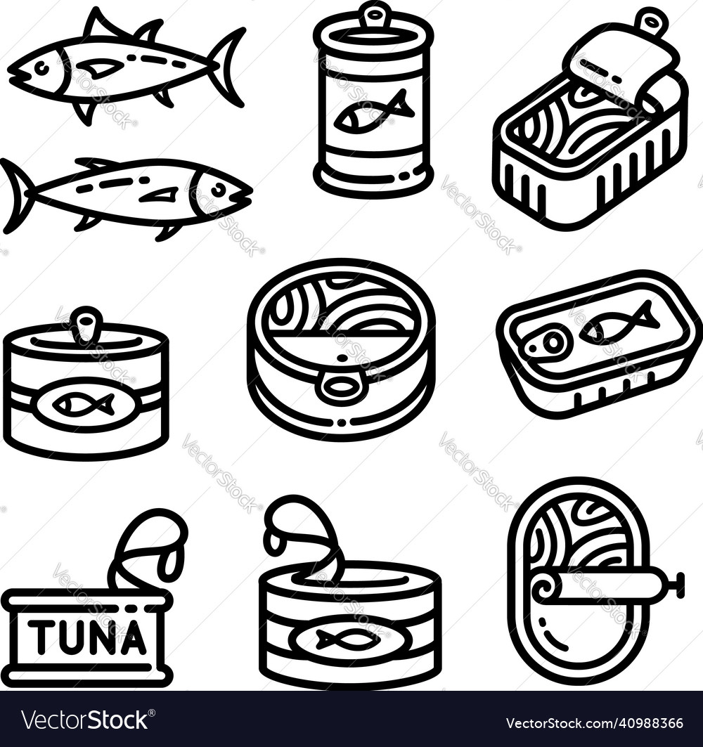 Tuna tin can line icons set outline of fish Vector Image