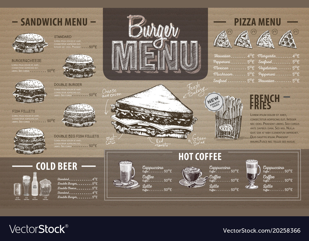 Vintage burger menu design on cardboard Royalty Free Vector