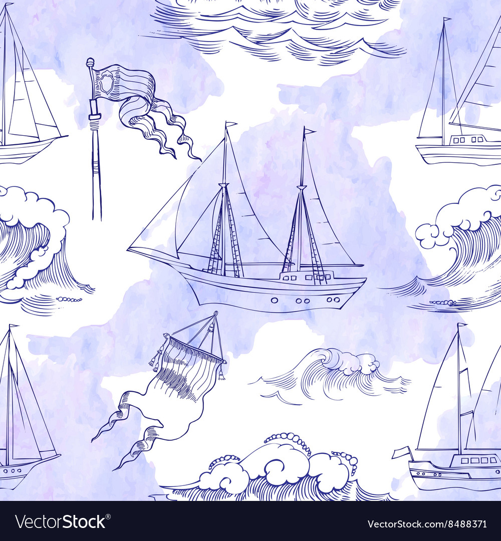 Seamless pattern with waves and ships