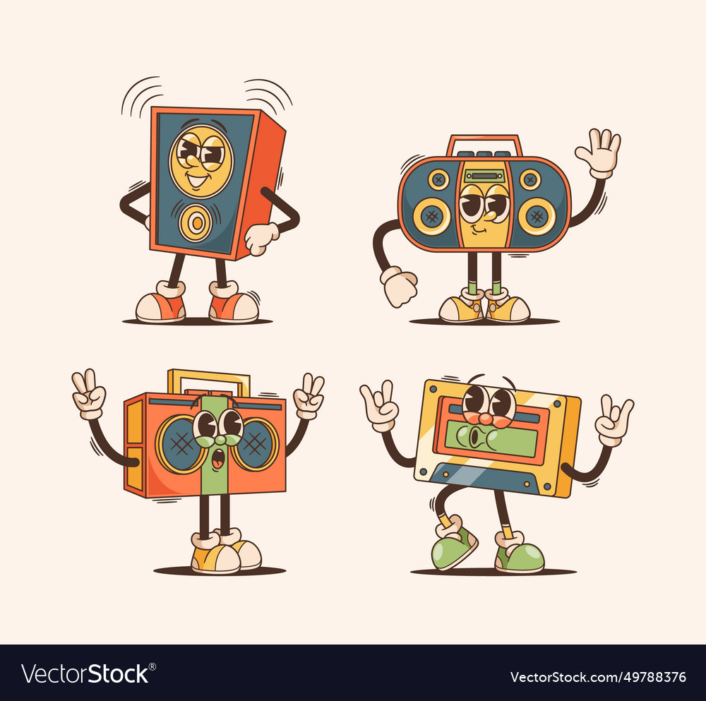 Audio technique characters in retro cartoon style vector image Audio technique characters in retro cartoon style