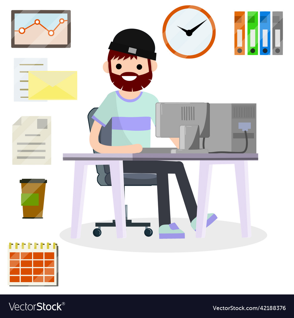 Man sitting at computer in office vector image Man sitting at computer in office