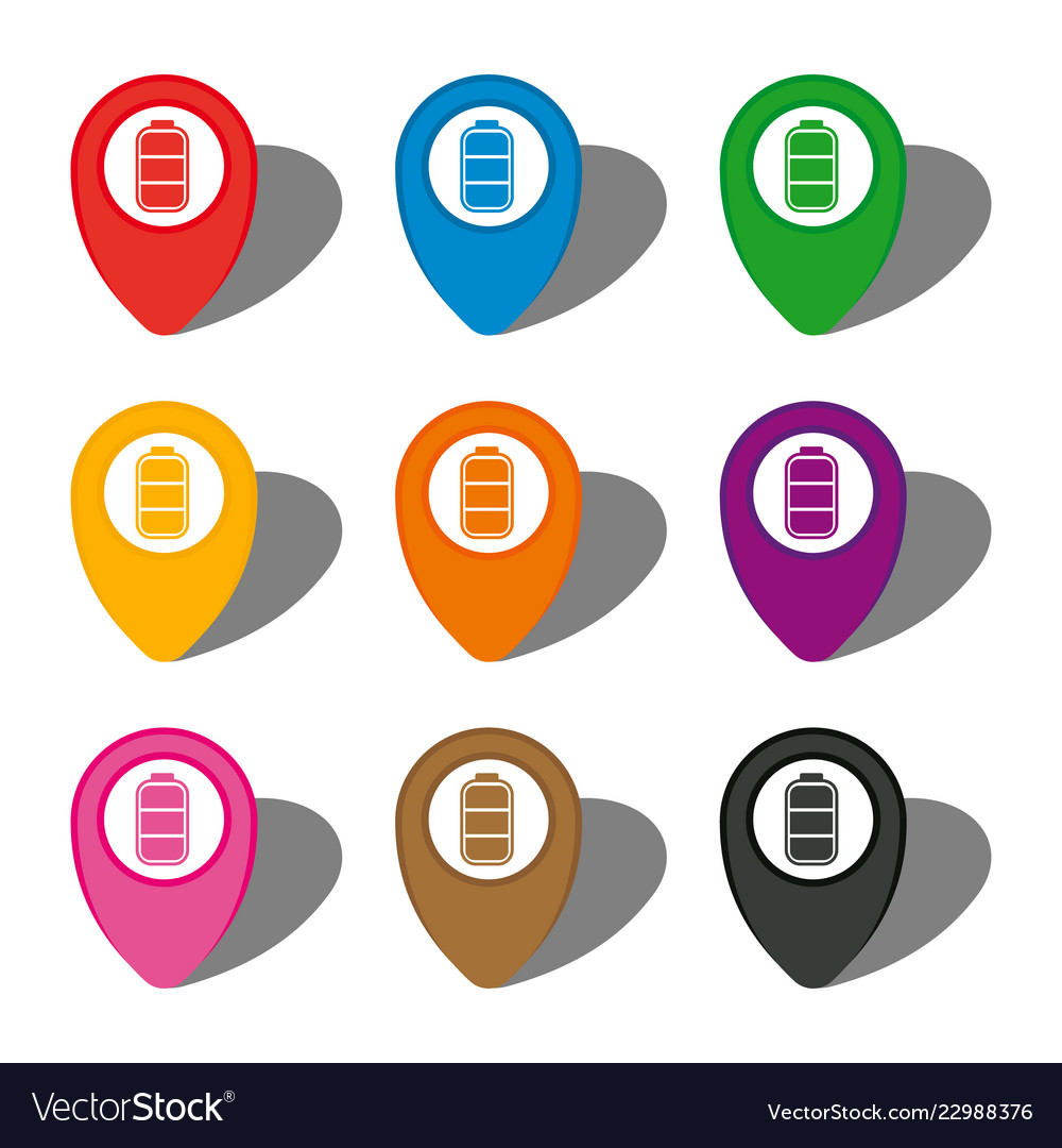 Nine colorful map pointers with battery sign vector image Nine colorful map pointers with battery sign