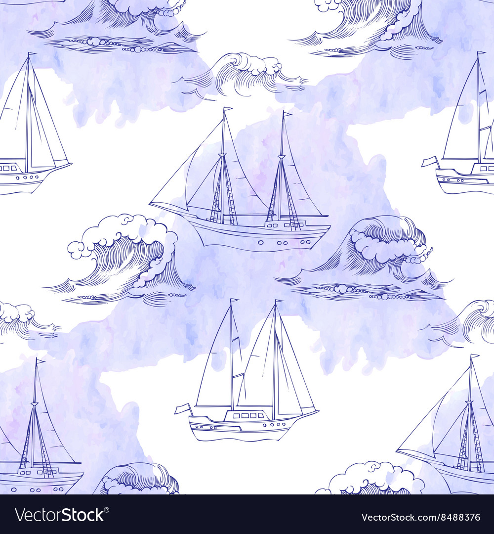 Seamless pattern with waves and ships