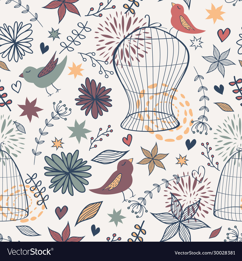 Cute seamless floral pattern with birds cages vector image Cute seamless floral pattern with birds cages