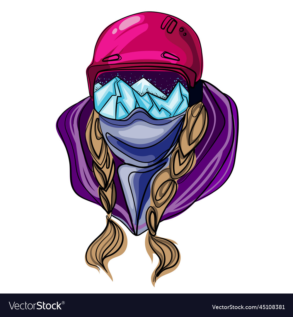 Portrait woman in ski goggles with mountains refle