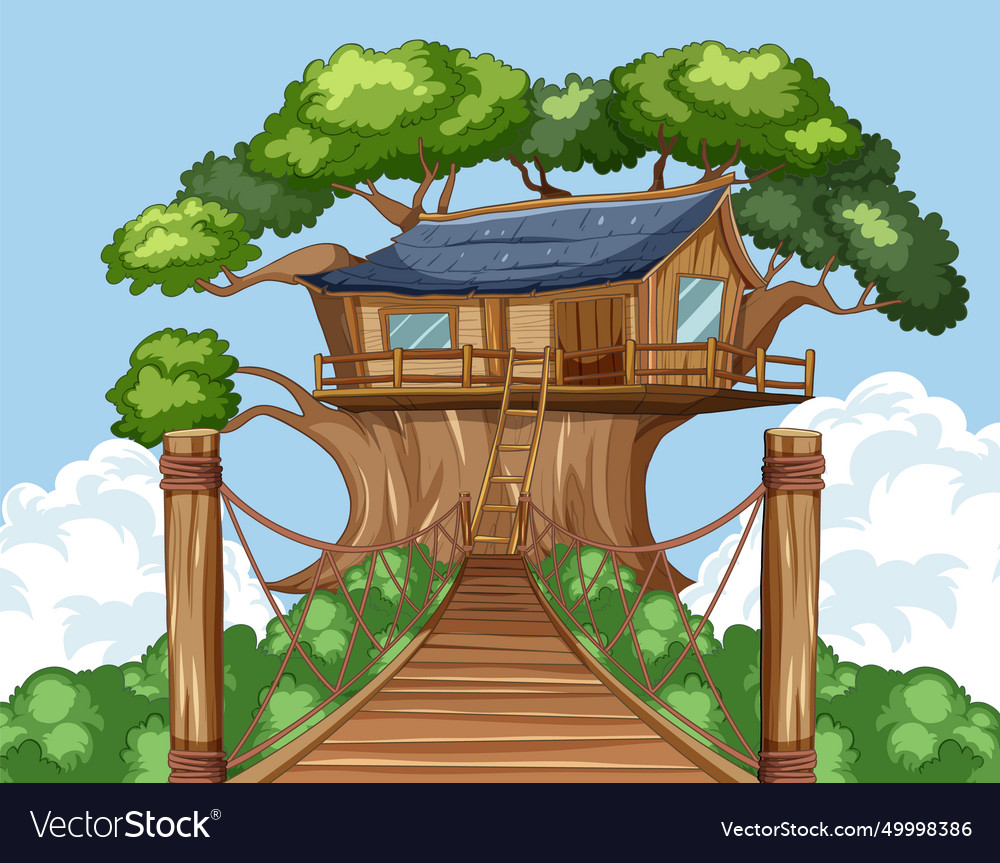 A whimsical treehouse among green trees Royalty Free Vector