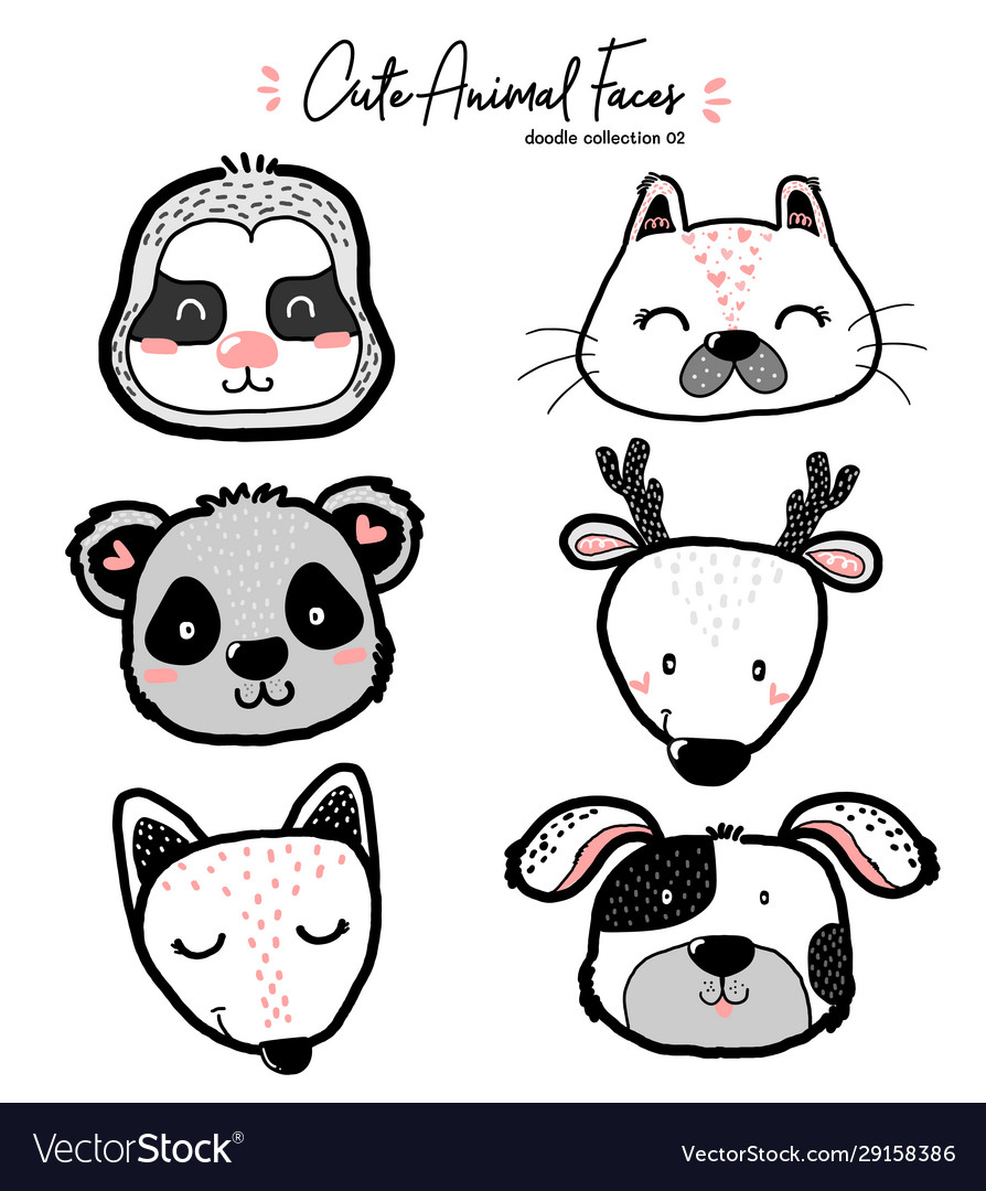 Cute doodle wild animal face set nursery kid Vector Image