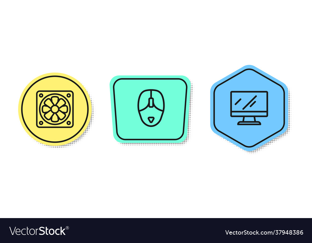 Set line computer cooler mouse and monitor screen vector image Set line computer cooler mouse and monitor screen