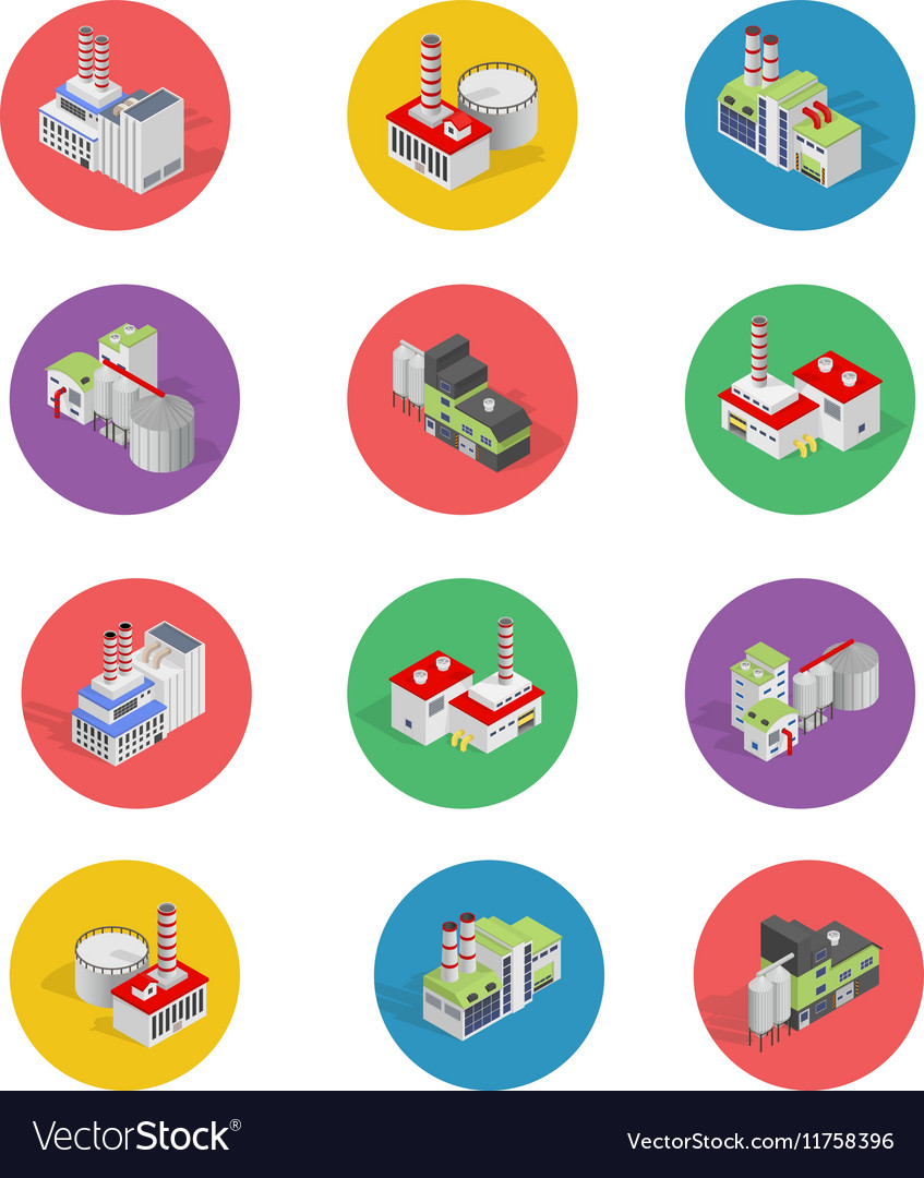 Isometric building factory icons with shadow