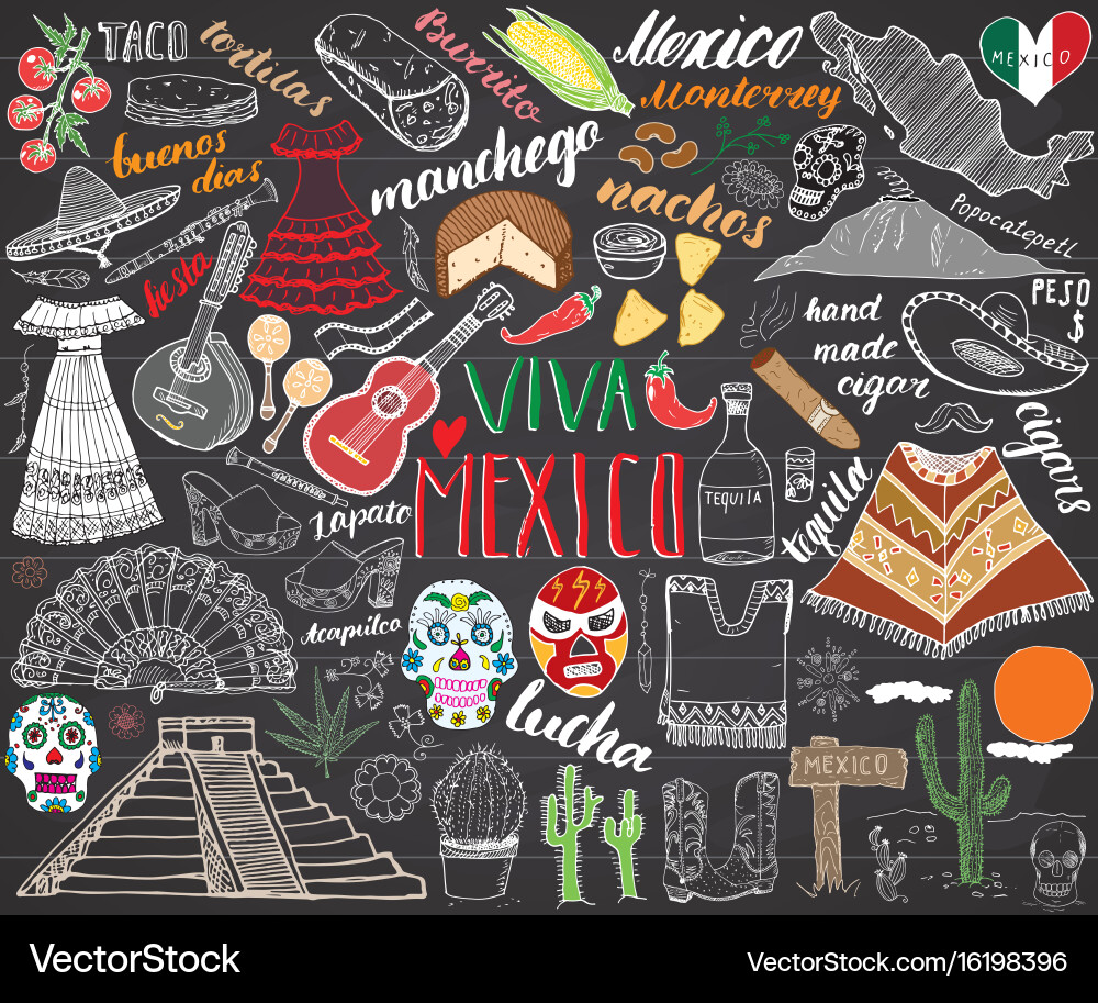 Mexico hand drawn sketch set chalkboard Royalty Free Vector