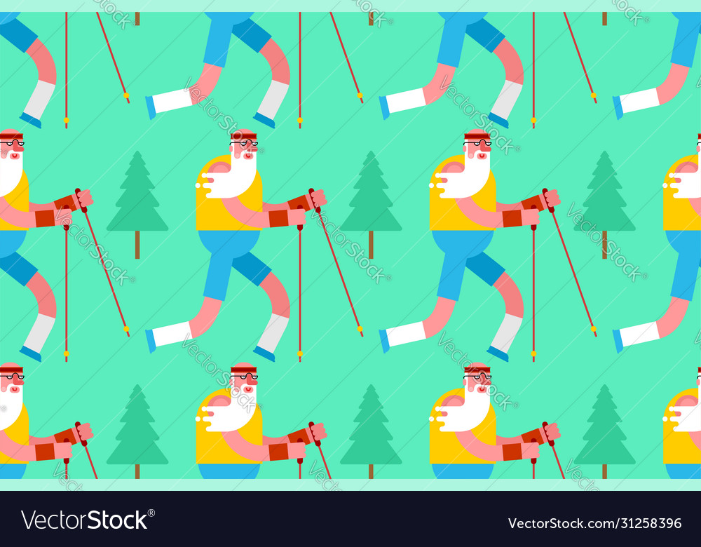 Old man nordic walking in forest pattern seamless