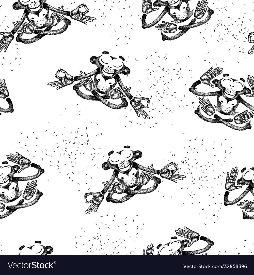 Seamless pattern monkey sits in lotus position