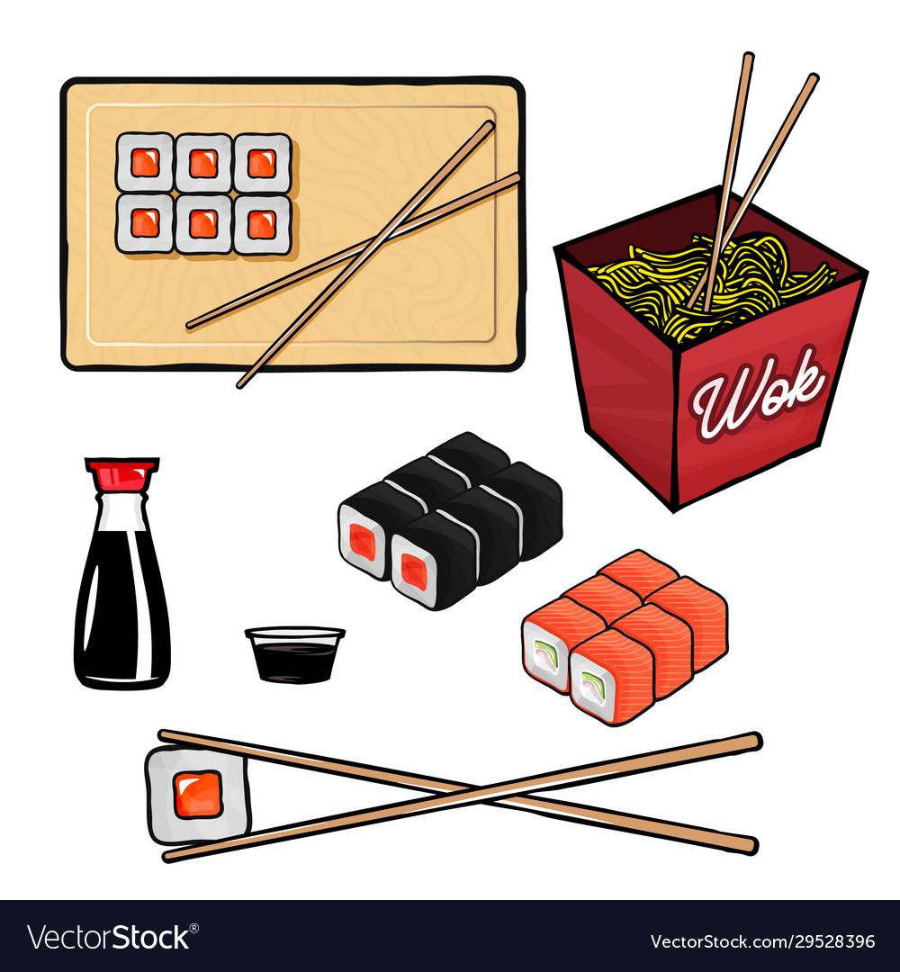 Sushi and rolls related items objects vector image Sushi and rolls related items objects