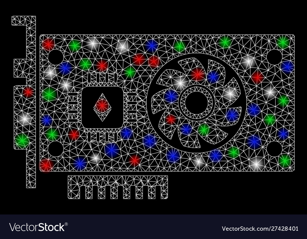 Bright mesh 2d ethereum gpu videocard with light vector image Bright mesh 2d ethereum gpu videocard with light