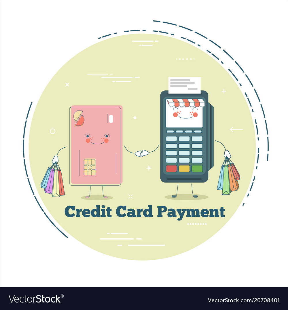 Pos terminal and credit card in line art style