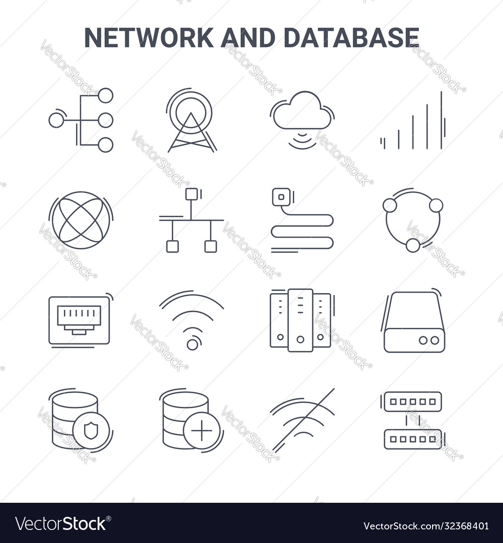 Set 16 network and database concept line icons vector image Set 16 network and database concept line icons