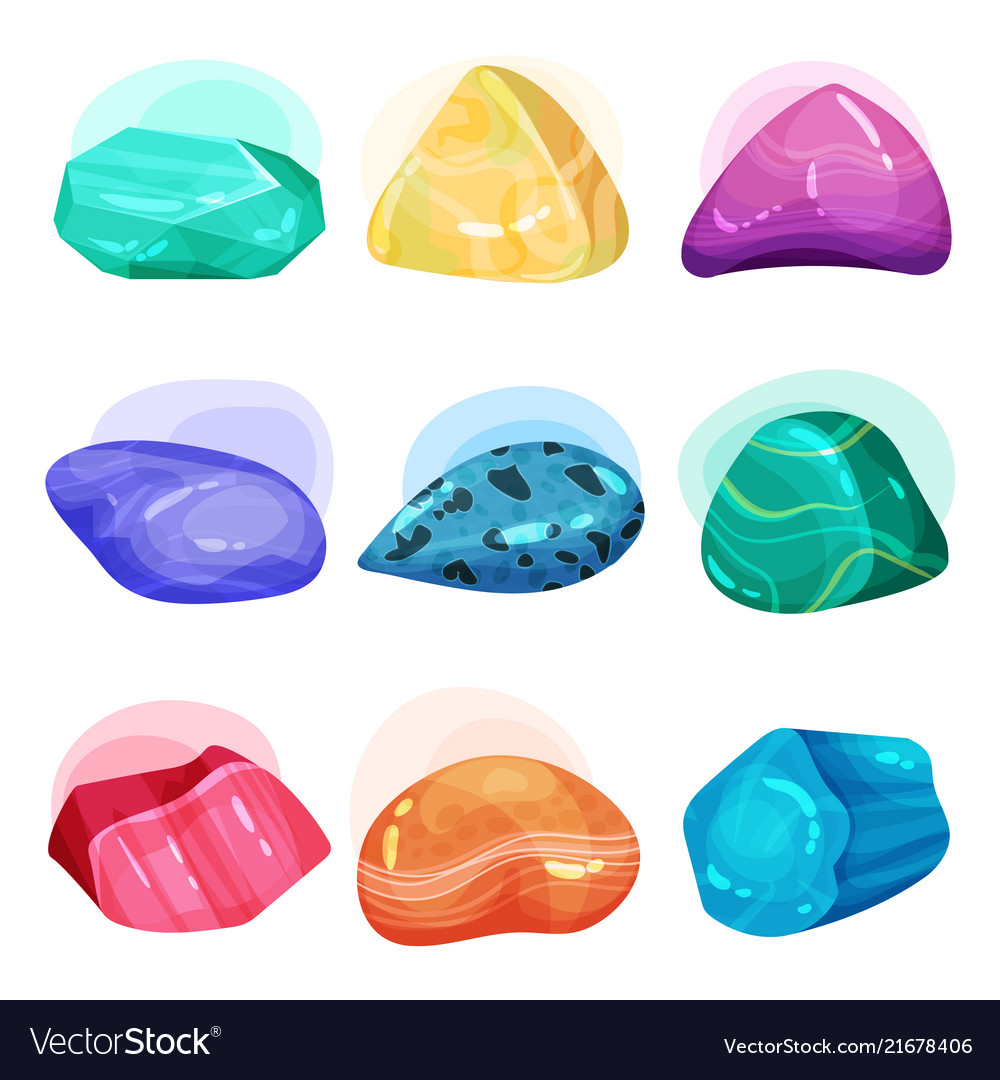 Flat set of various glossy gemstones shiny