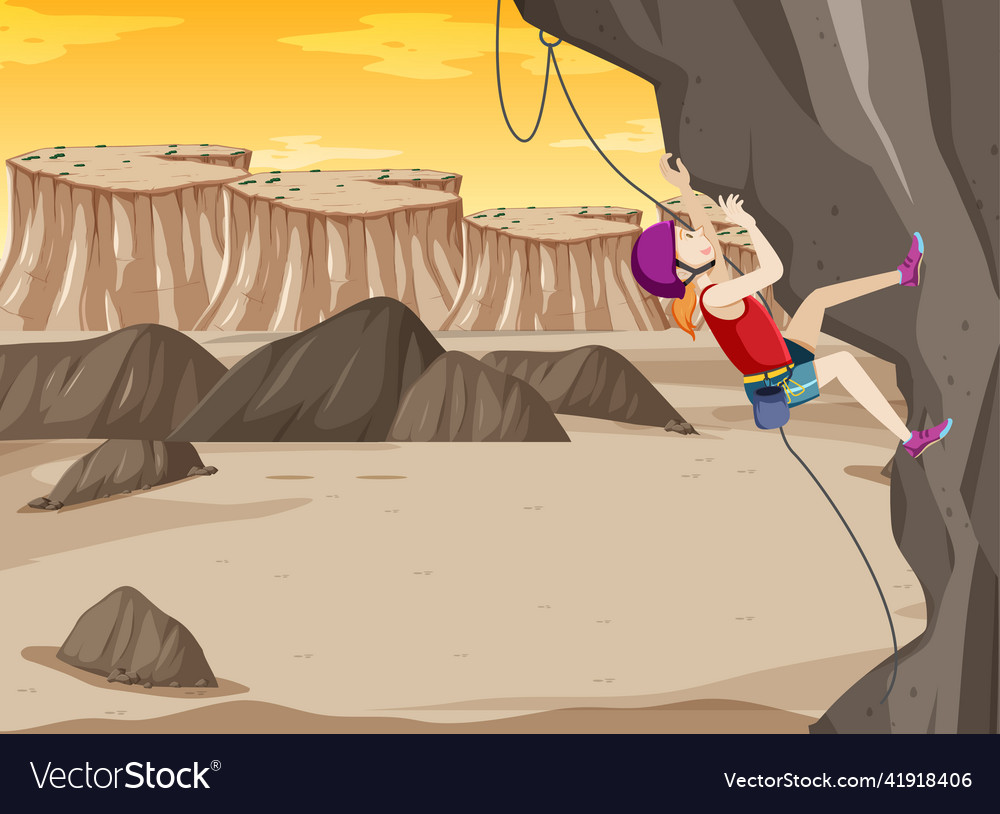 Rock climbing scene with woman at sunset Vector Image