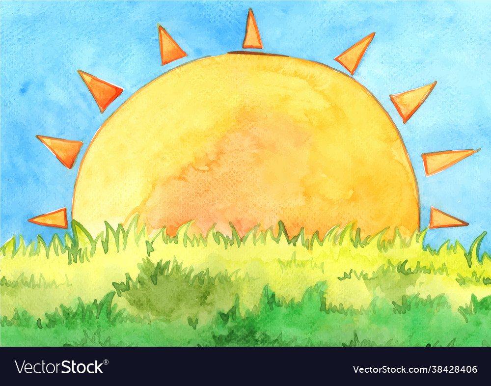 Sun with green meadow watercolor