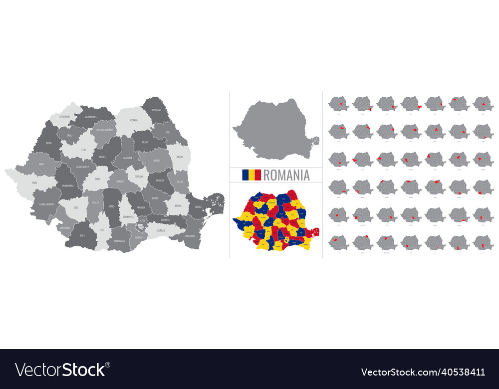 Detailed map of regions romania with flag