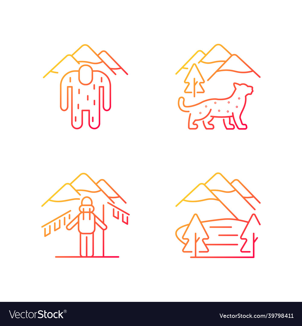 Mountaineering in nepal gradient linear icons set vector image Mountaineering in nepal gradient linear icons set