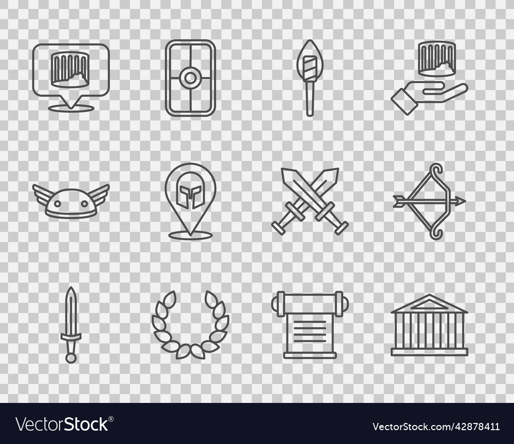 Set line medieval sword parthenon torch flame
