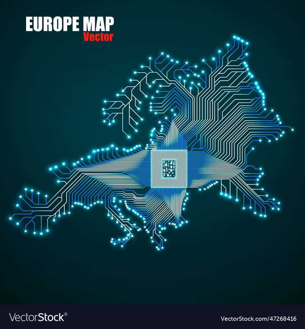 Abstract europe map with cpu glowing circuit