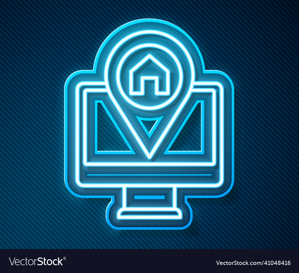Glowing neon line computer monitor and folded map vector image Glowing neon line computer monitor and folded map