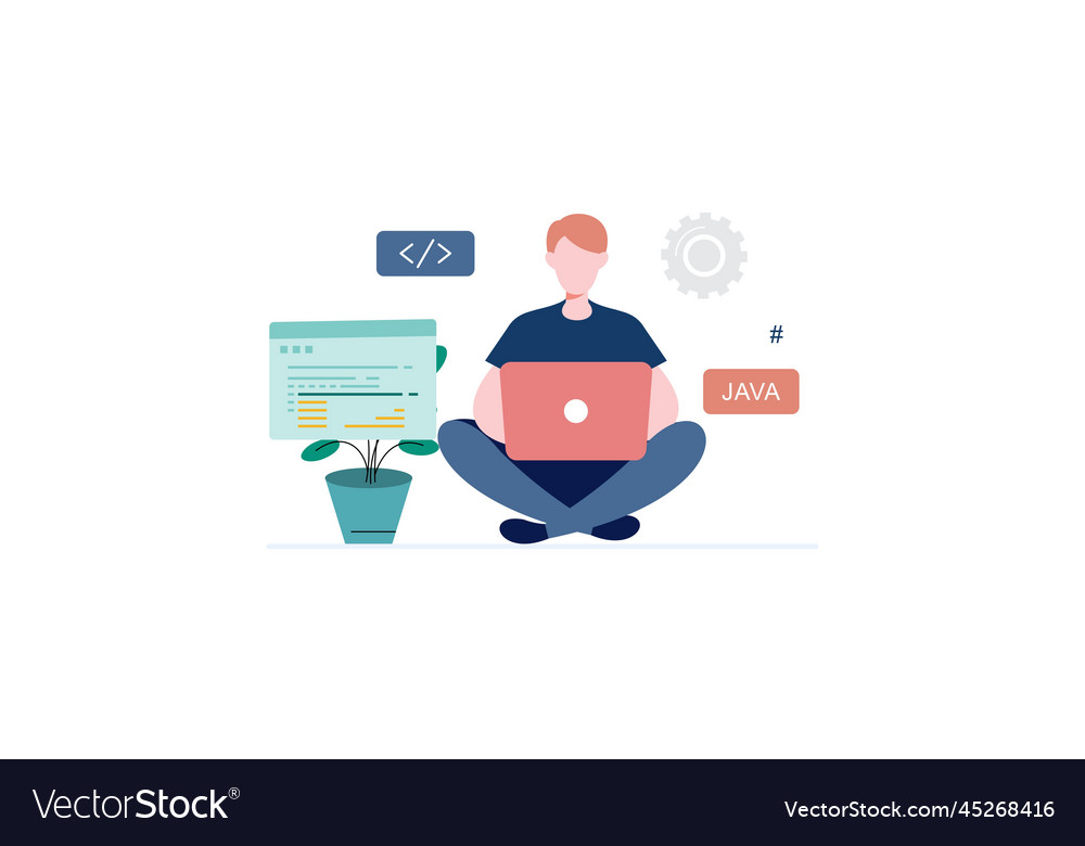 Man programmer is working on his laptop concept vector image Man programmer is working on his laptop concept