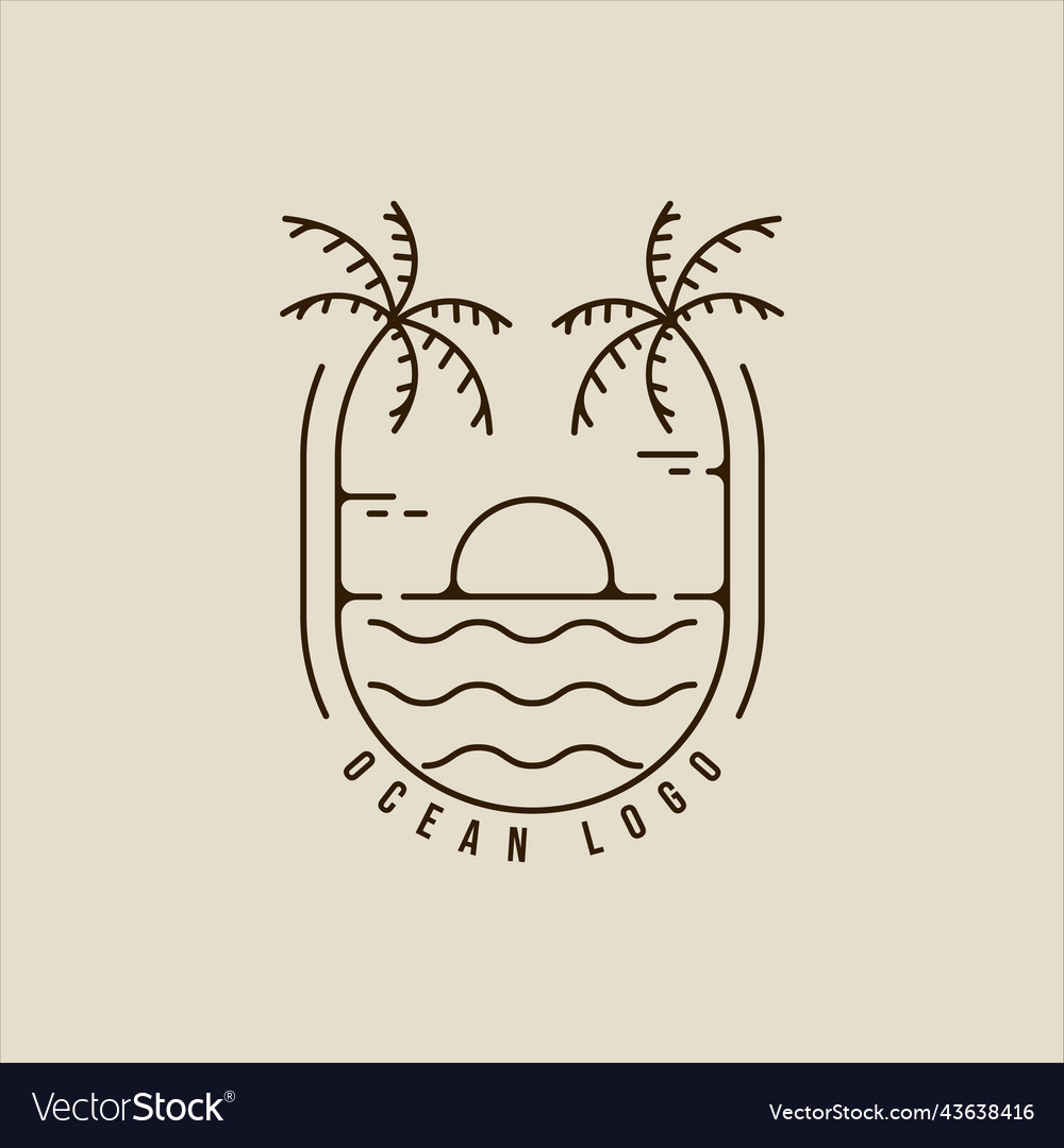 Palm tree and ocean waves line art logo simple vector image Palm tree and ocean waves line art logo simple