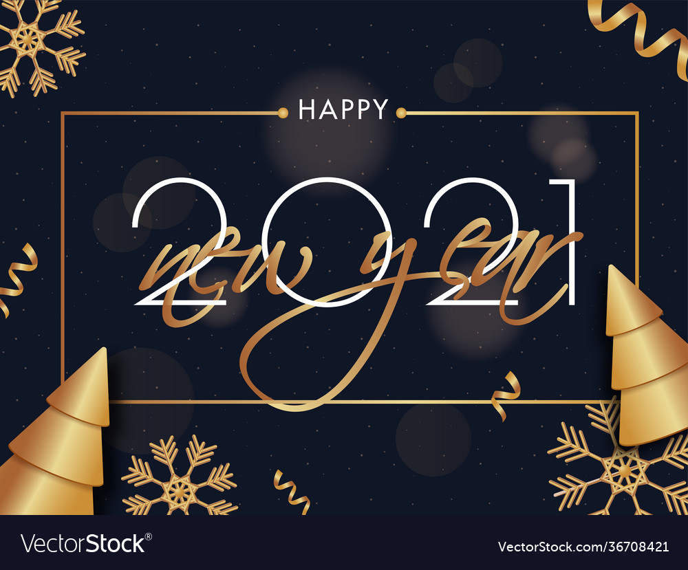 2021 happy new year text with golden xmas trees