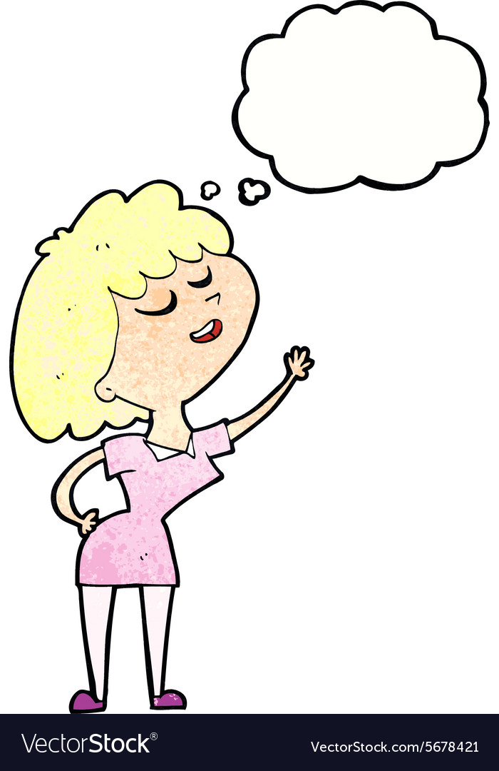 Cartoon happy woman about to speak with thought