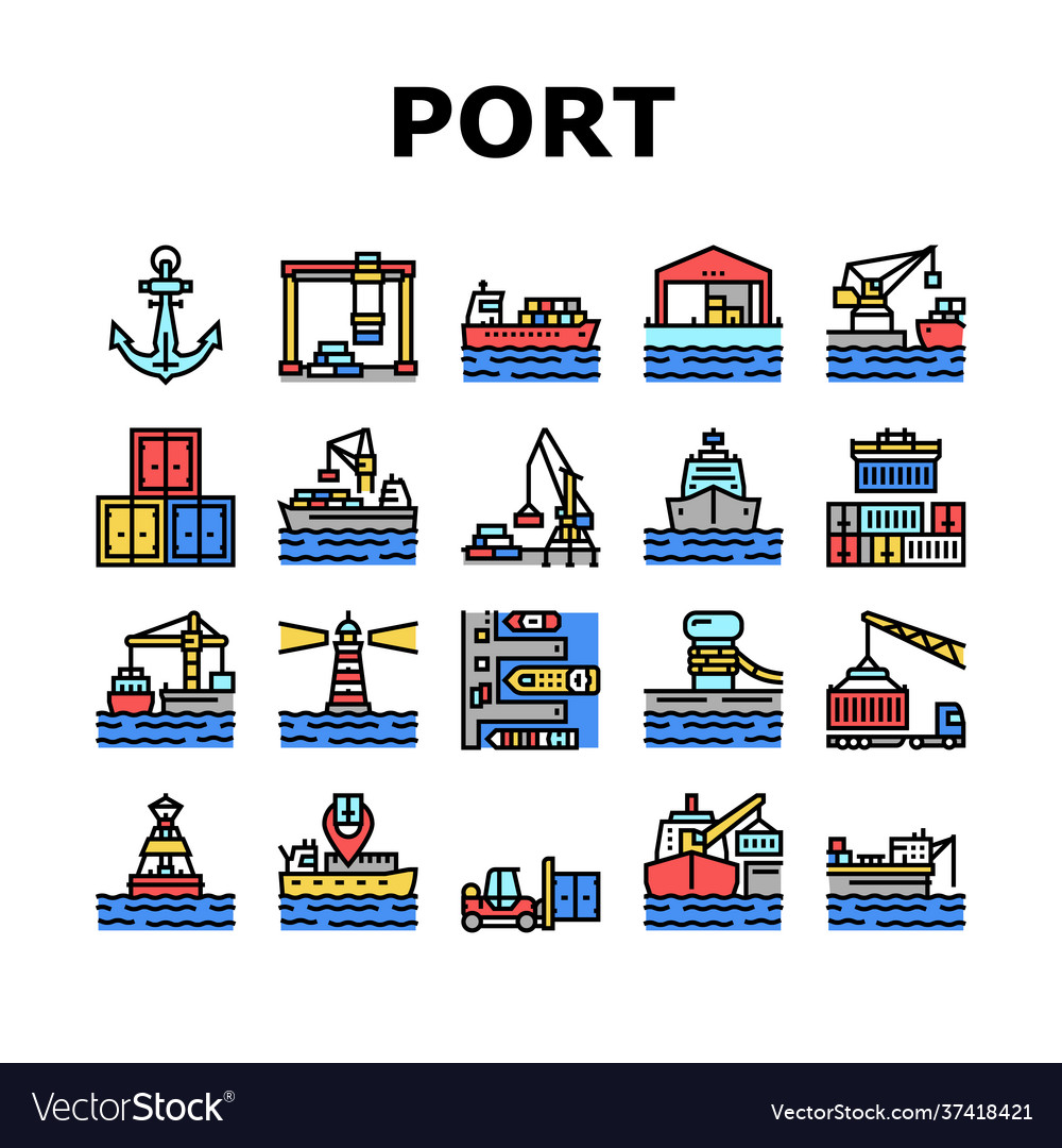 Container port tool collection icons set vector image Container port tool collection icons set