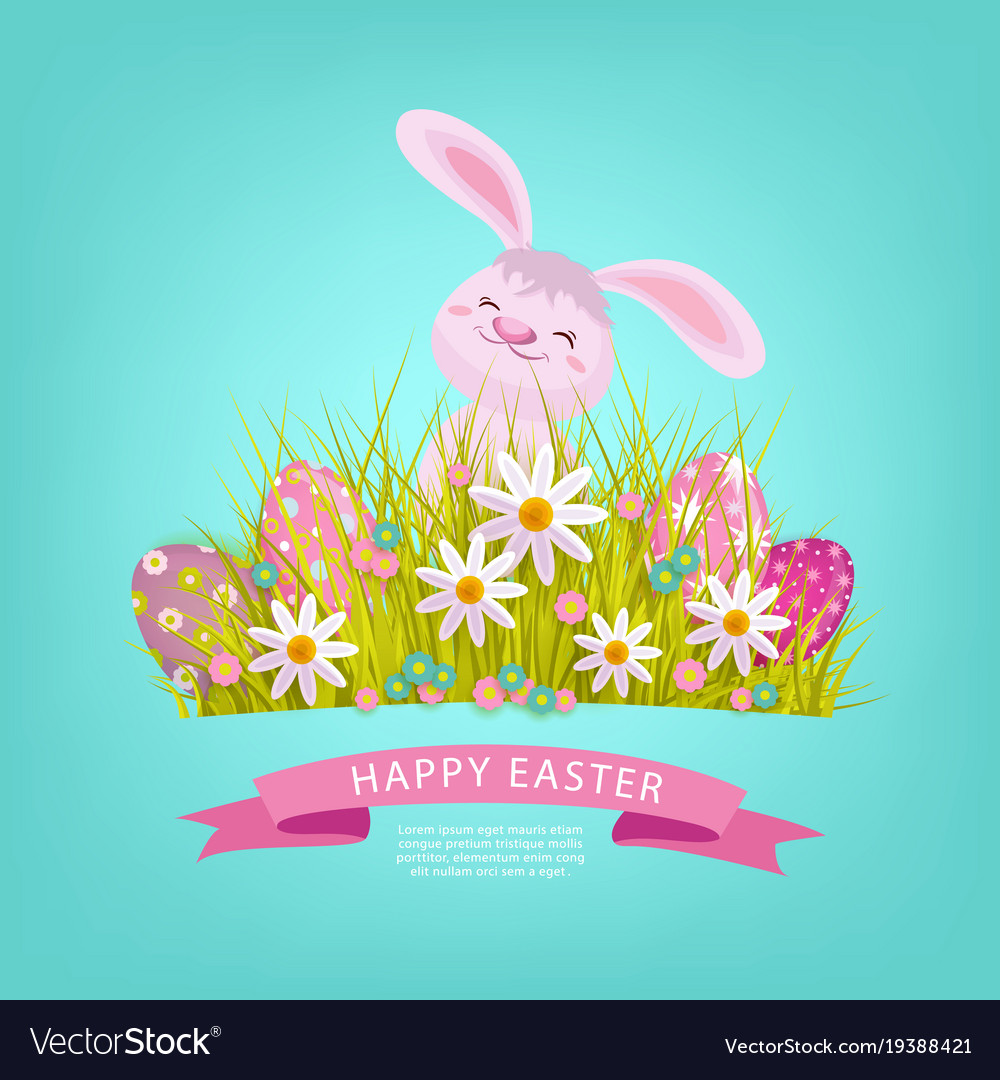 Easter poster with rabbit eggs flowers