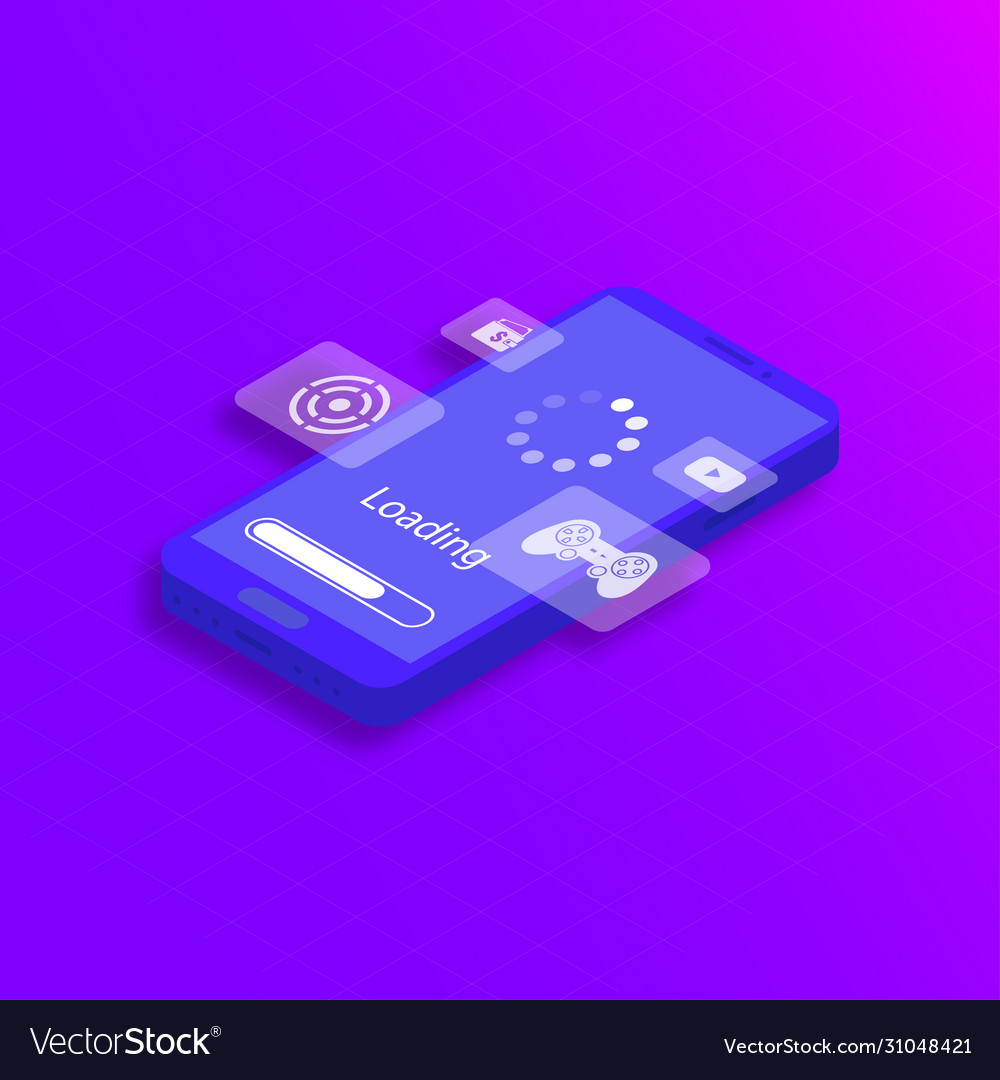 Isometric mobile loading process with icons vector image Isometric mobile loading process with icons