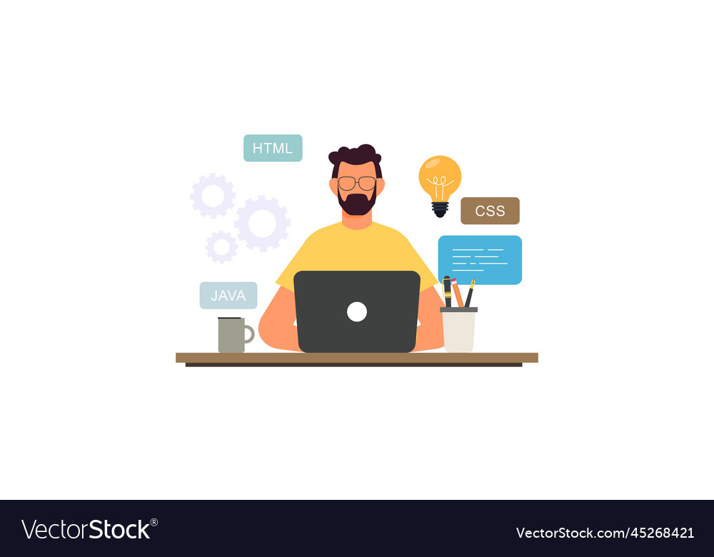 Man programmer is working on his laptop vector image Man programmer is working on his laptop