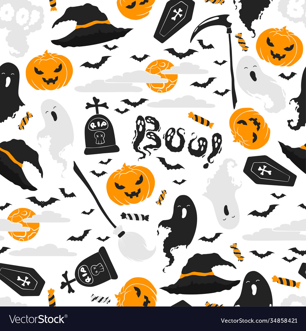 Seamless pattern with cute ghosts boo letterings Vector Image