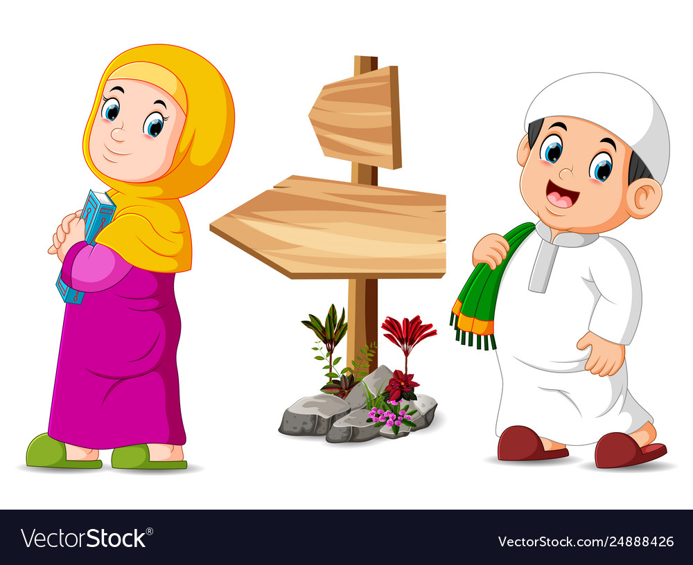 Children are posing near wooden signpost Vector Image