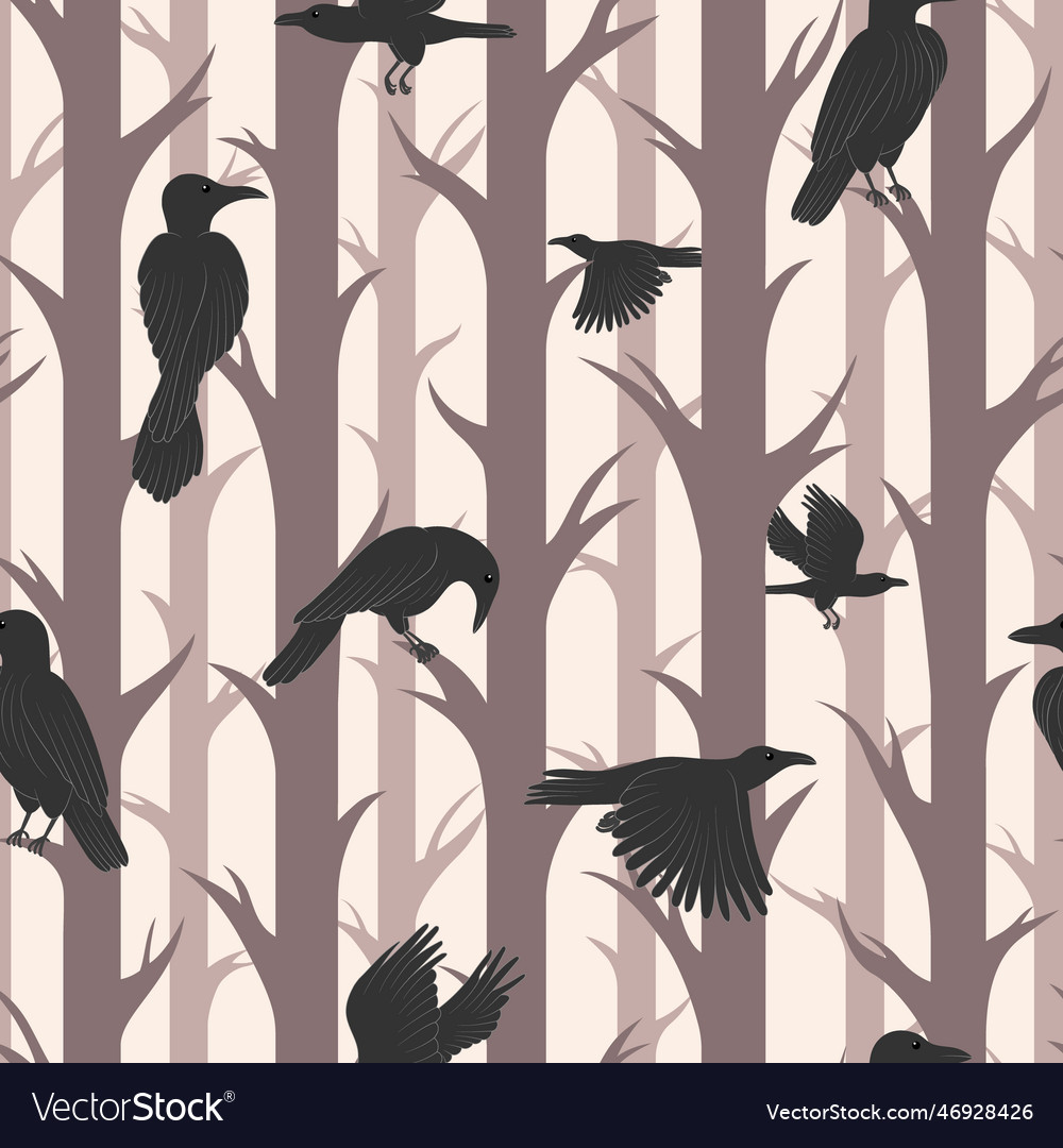 Seamless pattern with black birds in forest