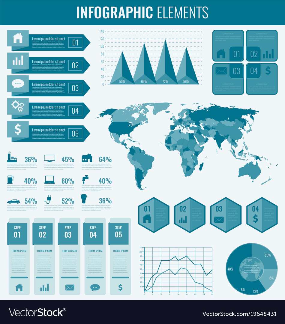 Infographic elements with world map and charts