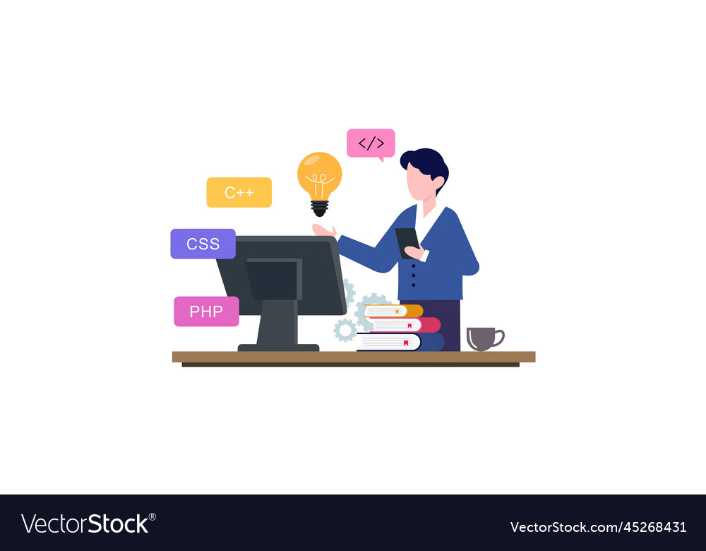 Man programmer is working on his laptop concept vector image Man programmer is working on his laptop concept