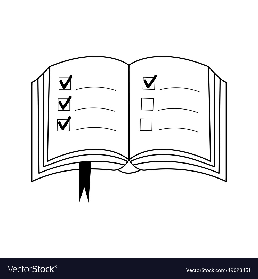 Open book with bookmark and check marks linear vector image Open book with bookmark and check marks linear