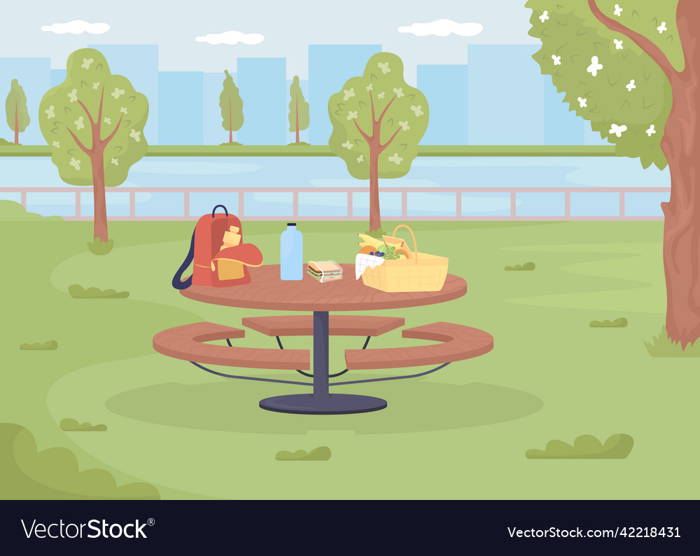 Picnic table with basket and backpack flat color