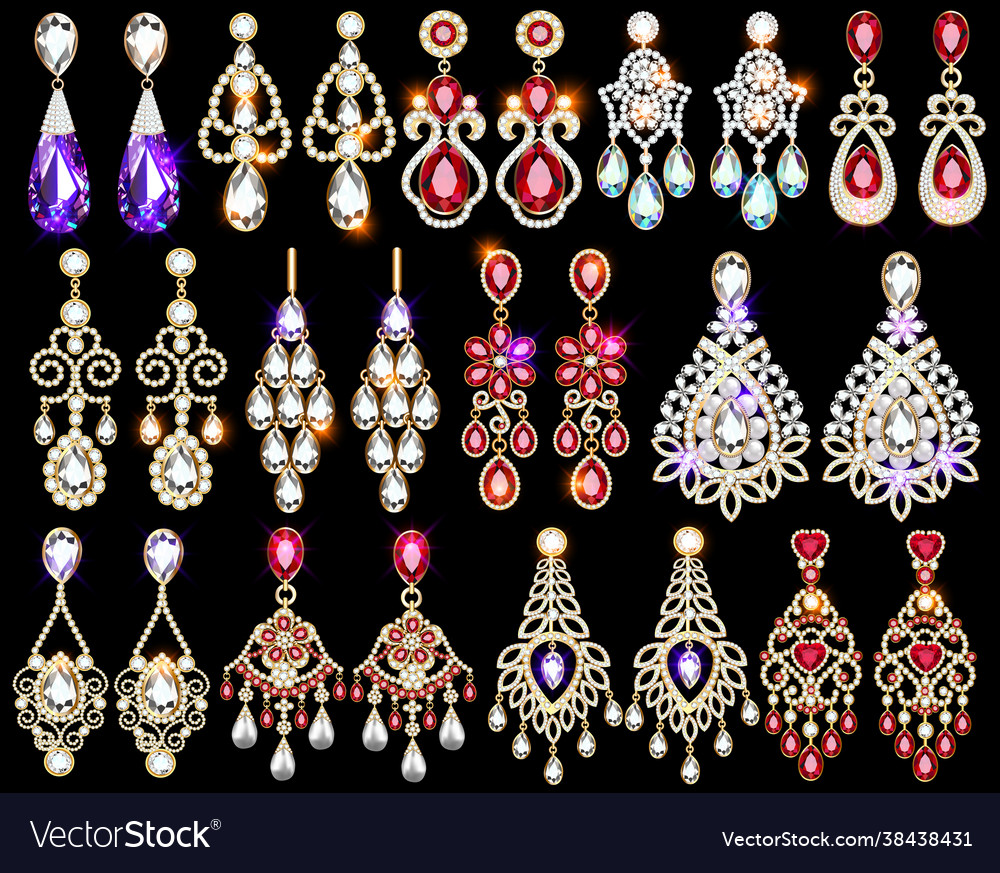 Set gold earrings with precious stones jewelry Vector Image